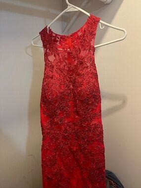 Splash Red Beaded Lace Evening Gown